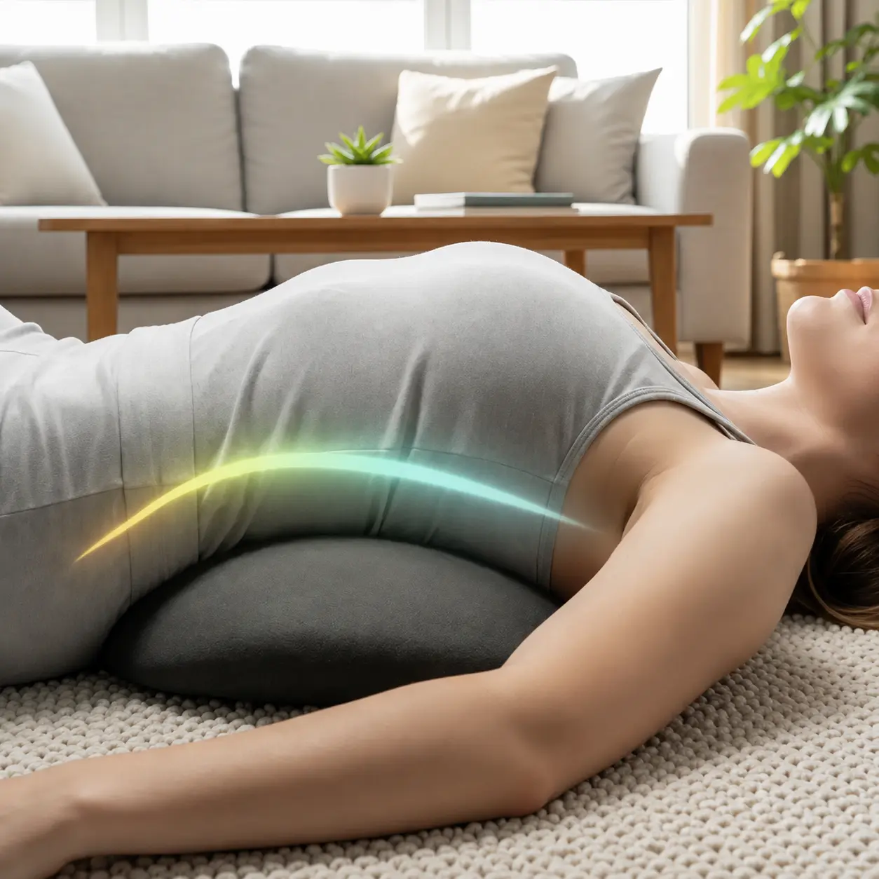 床でSpinePod™を使いリラックスしている女性
